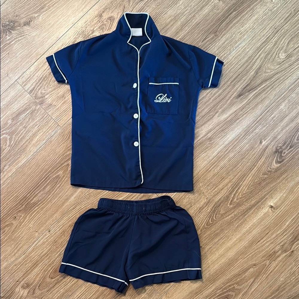 Navy Blue silky Kids Pajamas Set Livi Olivia embroideredred